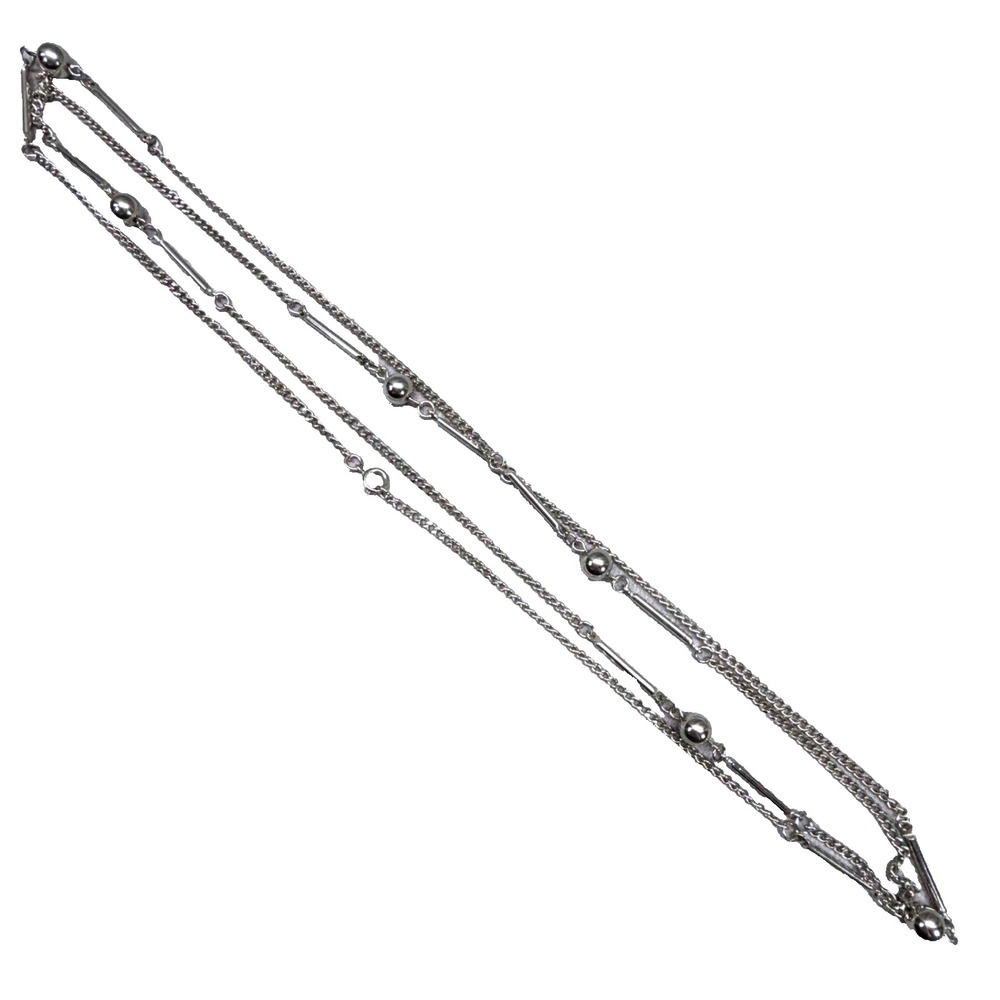 Layered Silver Tone Chain Necklace with Metallic Beads‎ and Rods
